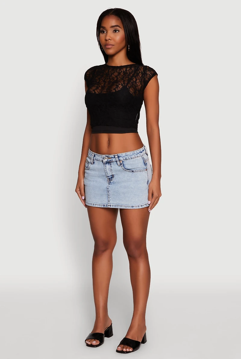 Womens Ambiance Lace Overlay Cropped Cap Sleeve Blouse, Black,