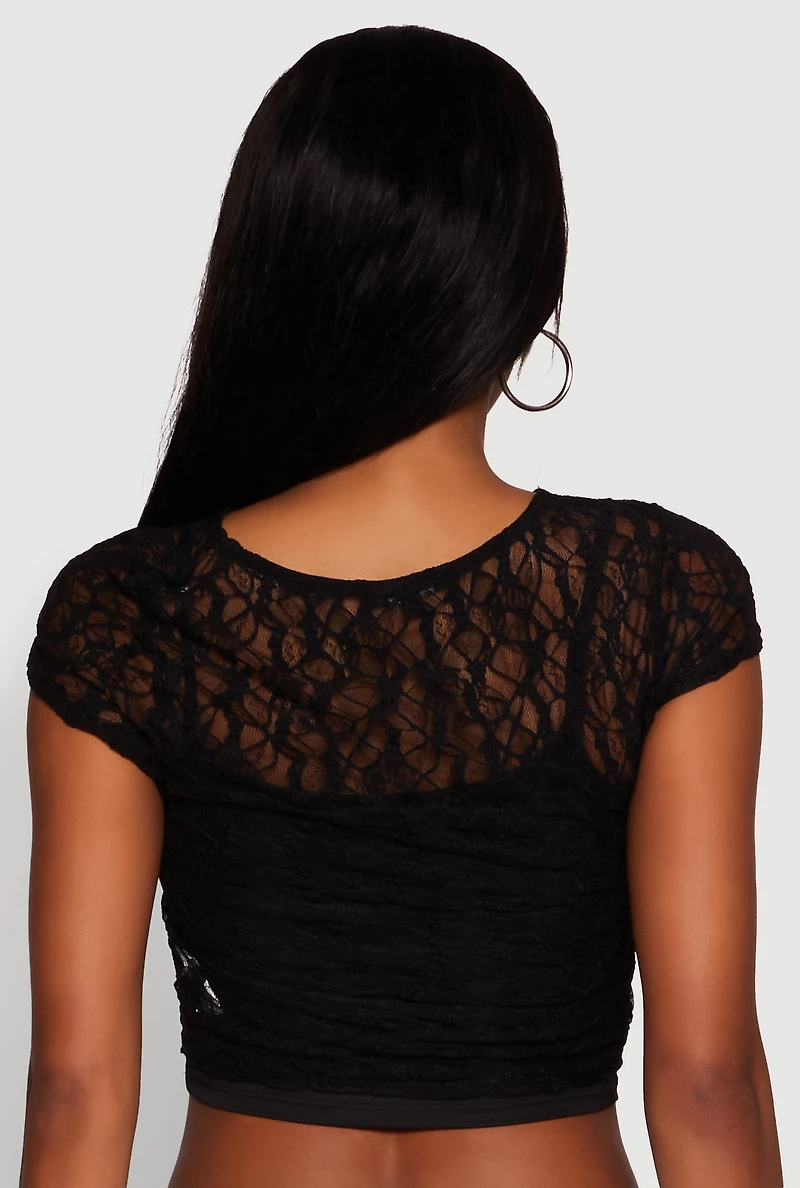 Womens Ambiance Lace Overlay Cropped Cap Sleeve Blouse, Black,