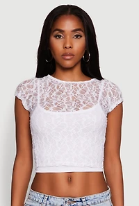 Womens Ambiance Lace Overlay Cropped Cap Sleeve Blouse, White, Size M
