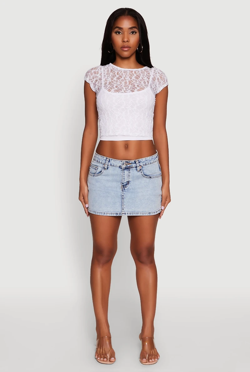 Womens Ambiance Lace Overlay Cropped Cap Sleeve Top, White, Size S