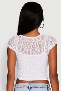 Womens Ambiance Lace Overlay Cropped Cap Sleeve Blouse, White,