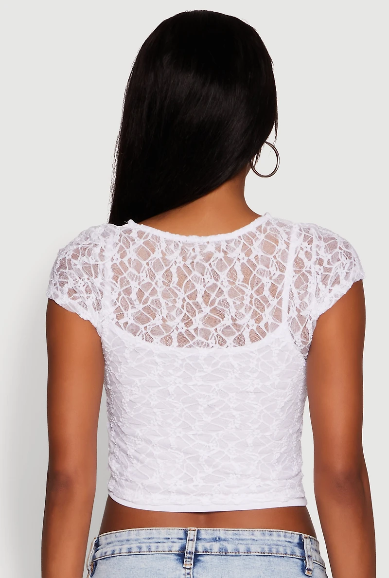 Womens Ambiance Lace Overlay Cropped Cap Sleeve Top, White,