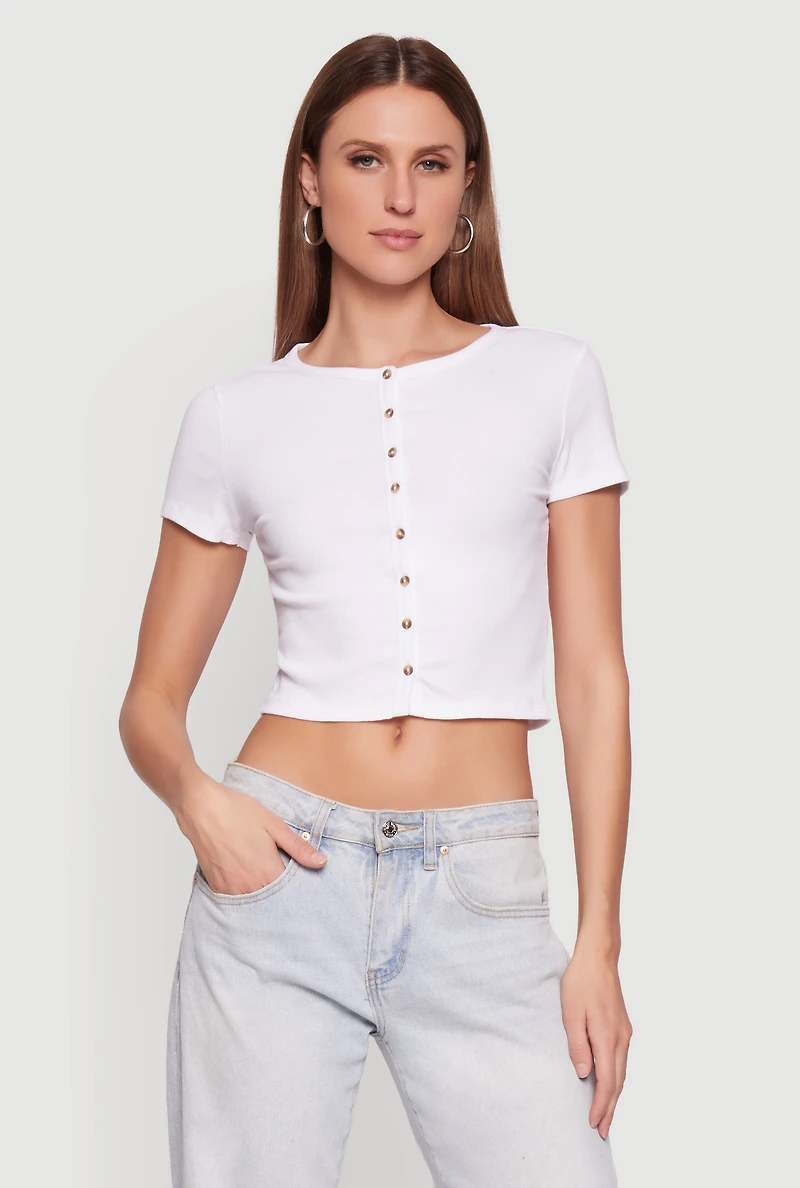 Ribbed Knit Button Front Crop Top