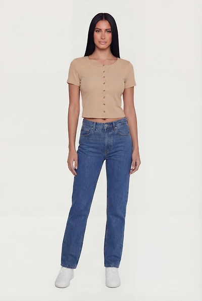Ribbed Knit Button Front Crop Top