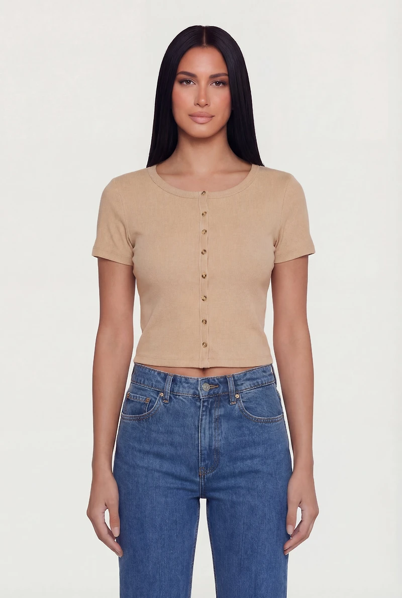 Ribbed Knit Button Front Crop Top