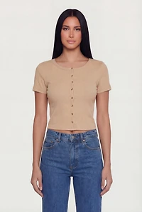 Ribbed Knit Button Front Crop Top