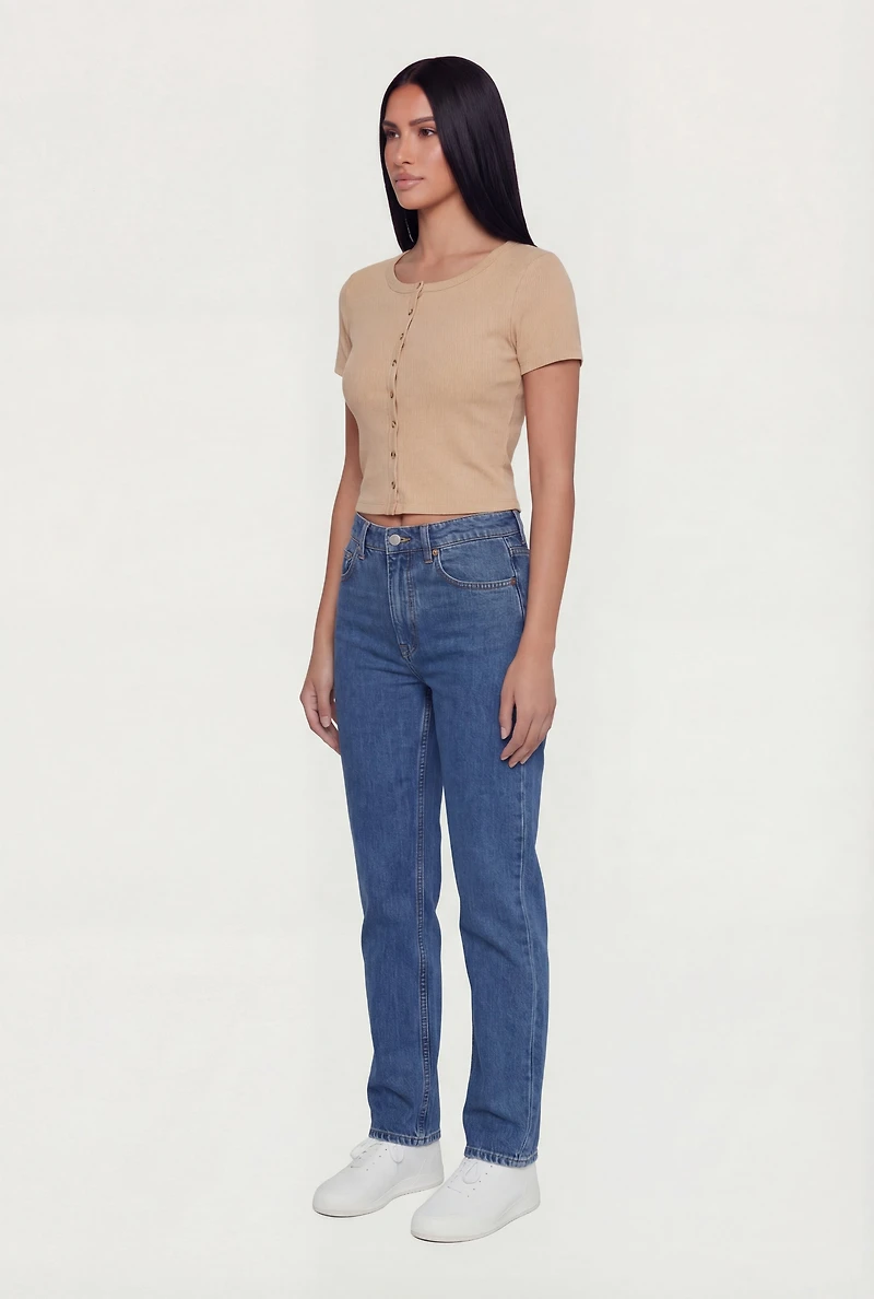 Ribbed Knit Button Front Crop Top