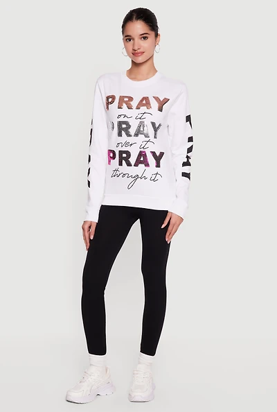 Sequin Pray Graphic Long Sleeve Crew Neck Sweatshirt
