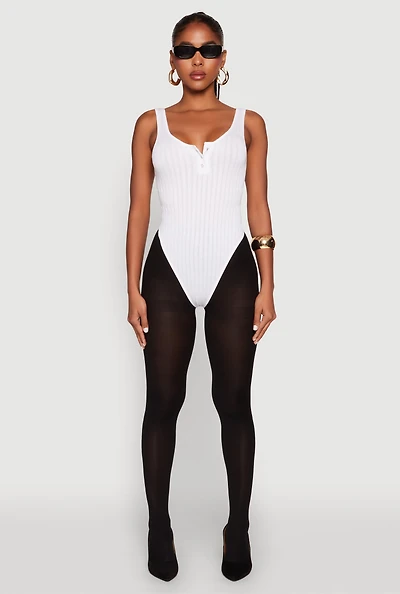 Womens Seamless Snap Button Notch Neck Bodysuit, White, Size M