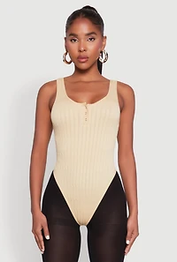 Womens Seamless Snap Button Notch Neck Bodysuit, Beige, Size S