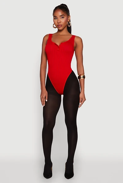 Womens Seamless Snap Button Notch Neck Bodysuit, Red, Size M