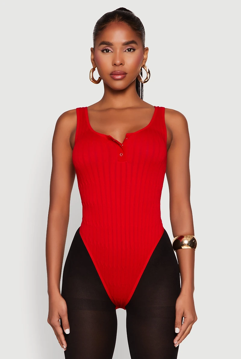 Womens Seamless Snap Button Notch Neck Bodysuit, Red, Size M