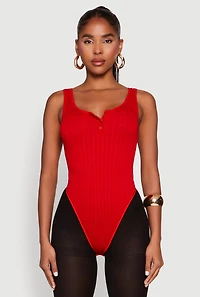Womens Seamless Snap Button Notch Neck Bodysuit, Red, Size M