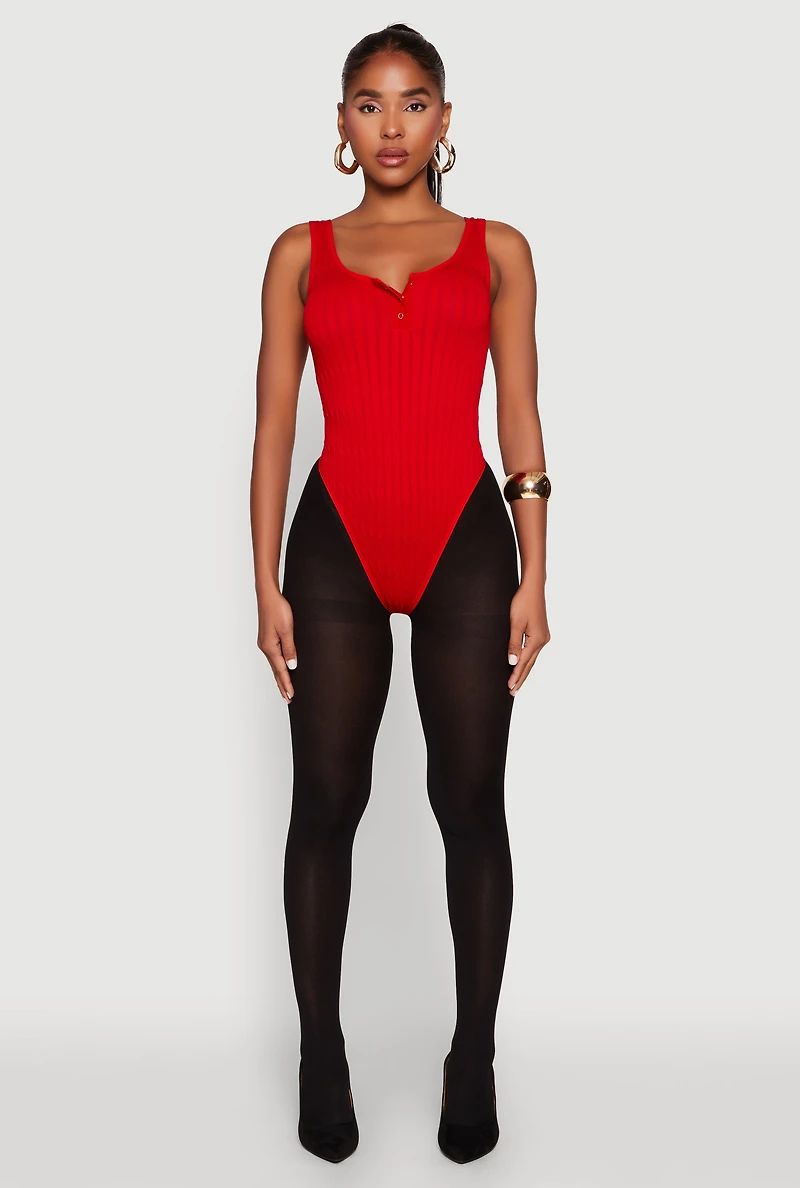 Womens Seamless Snap Button Notch Neck Bodysuit, Red, Size M