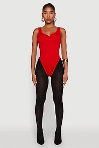 Womens Seamless Snap Button Notch Neck Bodysuit, Red, Size M