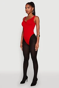 Womens Seamless Snap Button Notch Neck Bodysuit, Red, Size M