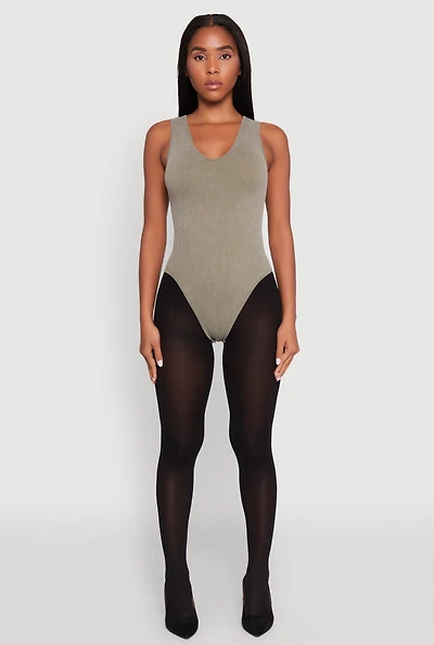 Womens Seamless Mineral Wash V Neck Thong Bodysuit, Green,