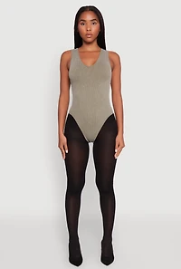 Womens Seamless Mineral Wash V Neck Thong Bodysuit, Green,