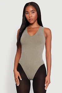 Womens Seamless Mineral Wash V Neck Thong Bodysuit, Green,