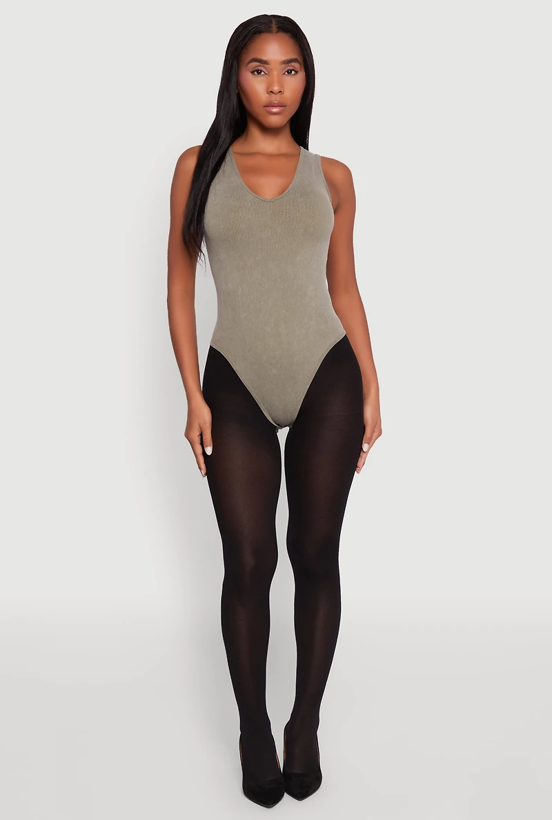 Womens Seamless Mineral Wash V Neck Thong Bodysuit, Green,