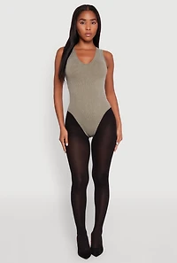 Womens Seamless Mineral Wash V Neck Thong Bodysuit, Green,