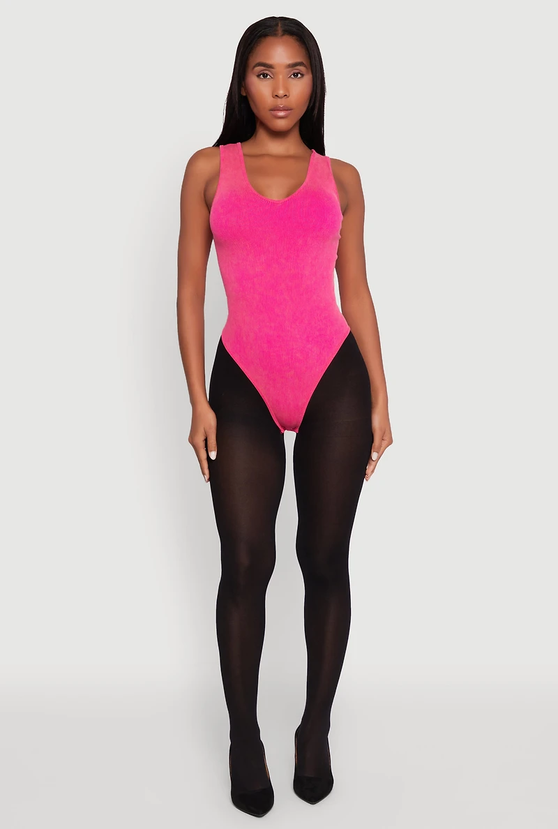 Womens Seamless Mineral Wash V Neck Thong Bodysuit, Pink, Size S-M