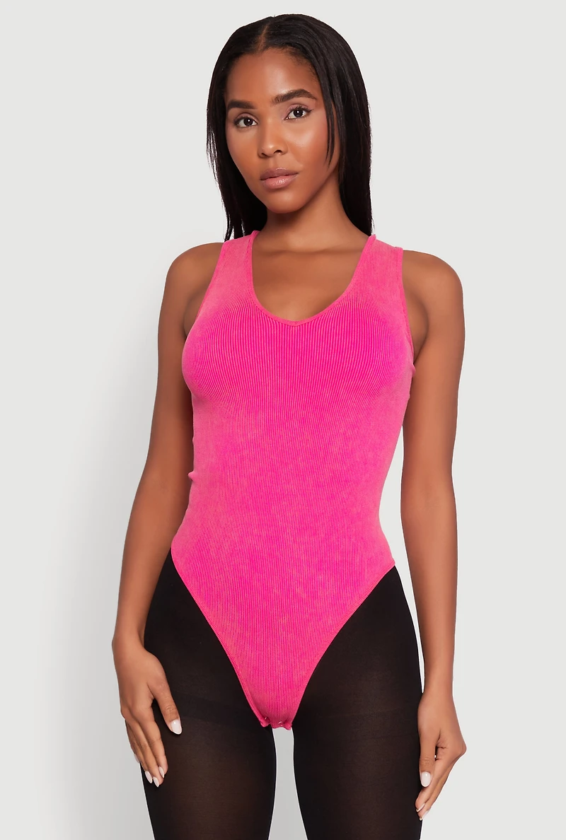 Womens Seamless Mineral Wash V Neck Thong Bodysuit, Pink, Size S-M