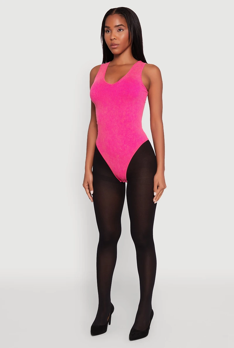 Womens Seamless Mineral Wash V Neck Thong Bodysuit, Pink, Size S-M