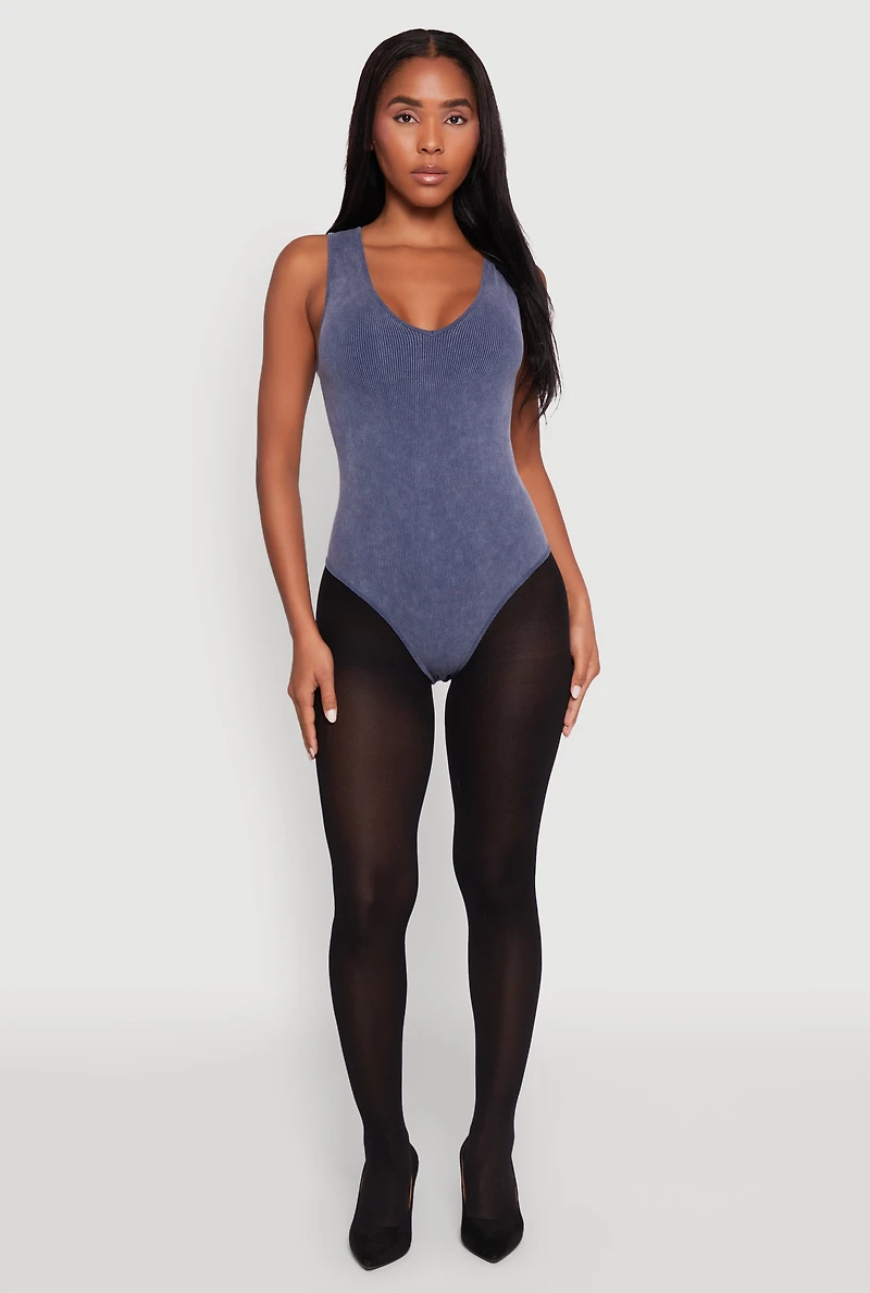 Womens Seamless Mineral Wash V Neck Thong Bodysuit, L-XL