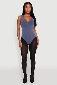 Womens Seamless Mineral Wash V Neck Thong Bodysuit, L-XL