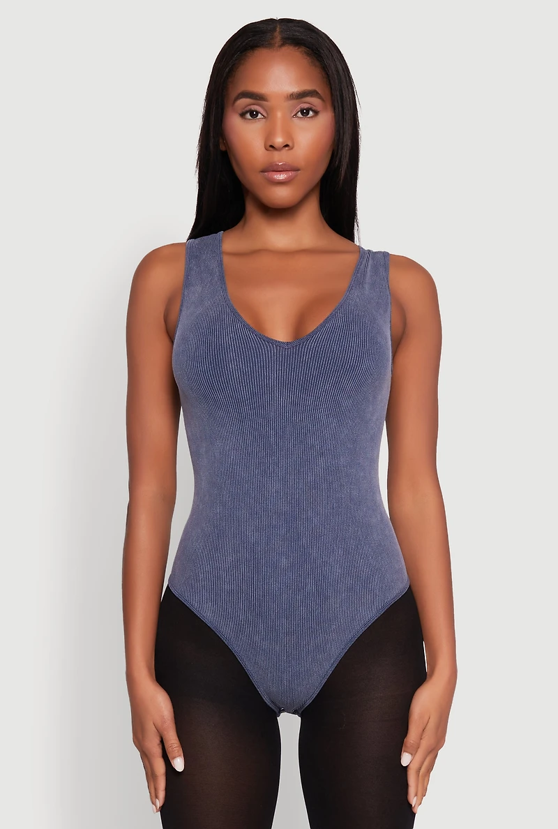 Womens Seamless Mineral Wash V Neck Thong Bodysuit, L-XL