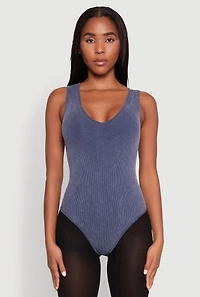Womens Seamless Mineral Wash V Neck Thong Bodysuit, L-XL