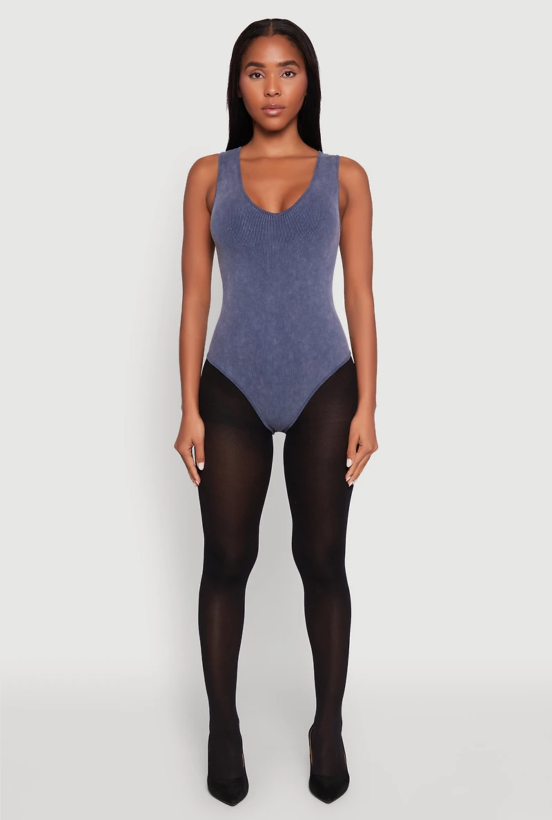 Womens Seamless Mineral Wash V Neck Thong Bodysuit, L-XL