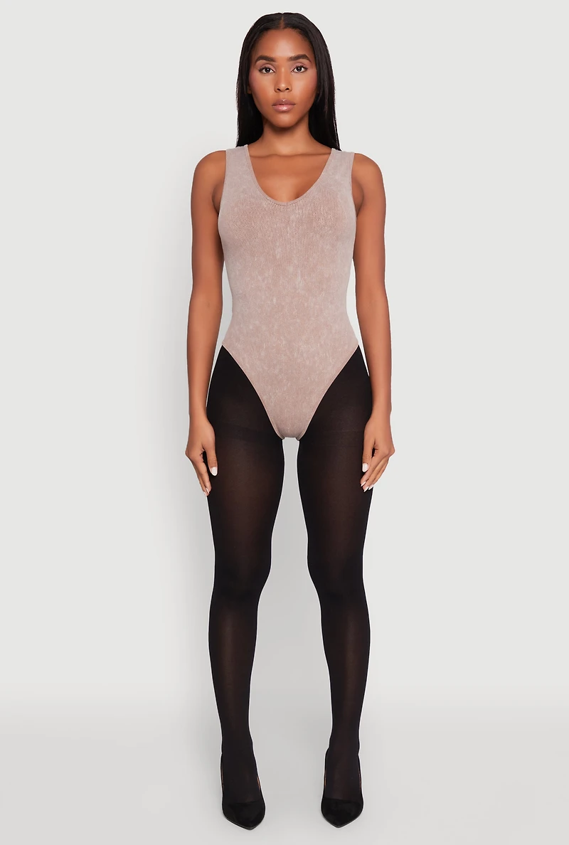 Womens Seamless Mineral Wash V Neck Thong Bodysuit,
