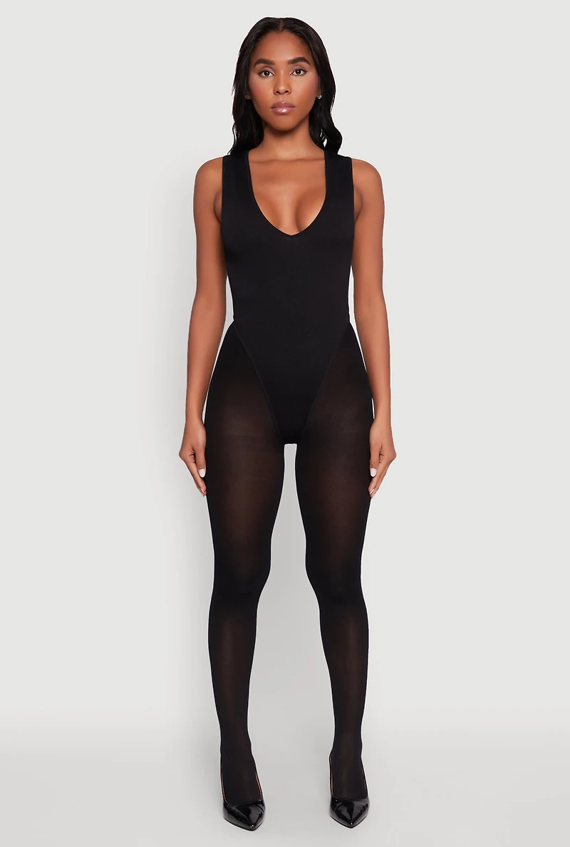Womens Seamless V Neck Thong Bodysuit, Black, Size L-XL