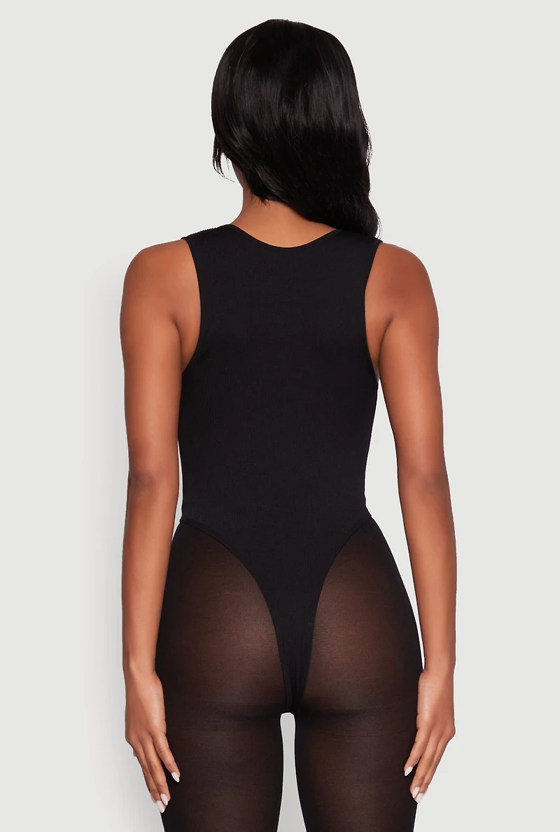 Womens Seamless V Neck Thong Bodysuit, Black, Size L-XL