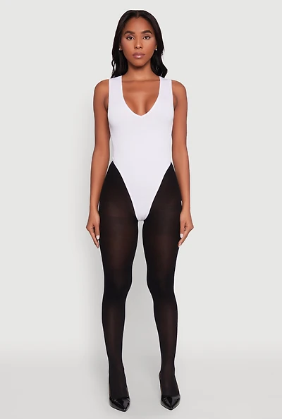 Womens Seamless V Neck Thong Bodysuit, White, Size L-XL