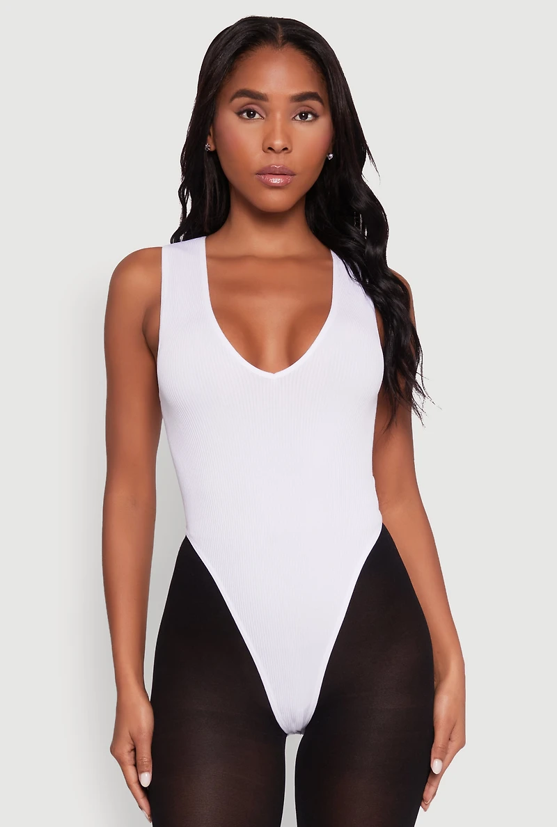 Womens Seamless V Neck Thong Bodysuit, White, Size L-XL