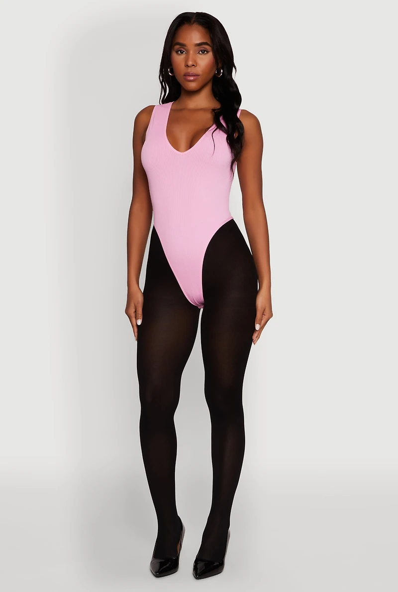 Womens Seamless V Neck Thong Bodysuit, Pink, Size L-XL