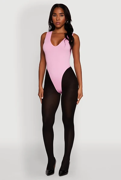 Womens Seamless V Neck Thong Bodysuit, Pink, Size L-XL