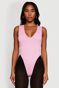 Womens Seamless V Neck Thong Bodysuit, Pink, Size L-XL