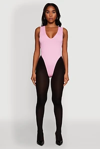 Womens Seamless V Neck Thong Bodysuit, Pink, Size L-XL