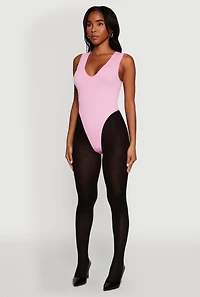Womens Seamless V Neck Thong Bodysuit, Pink, Size L-XL
