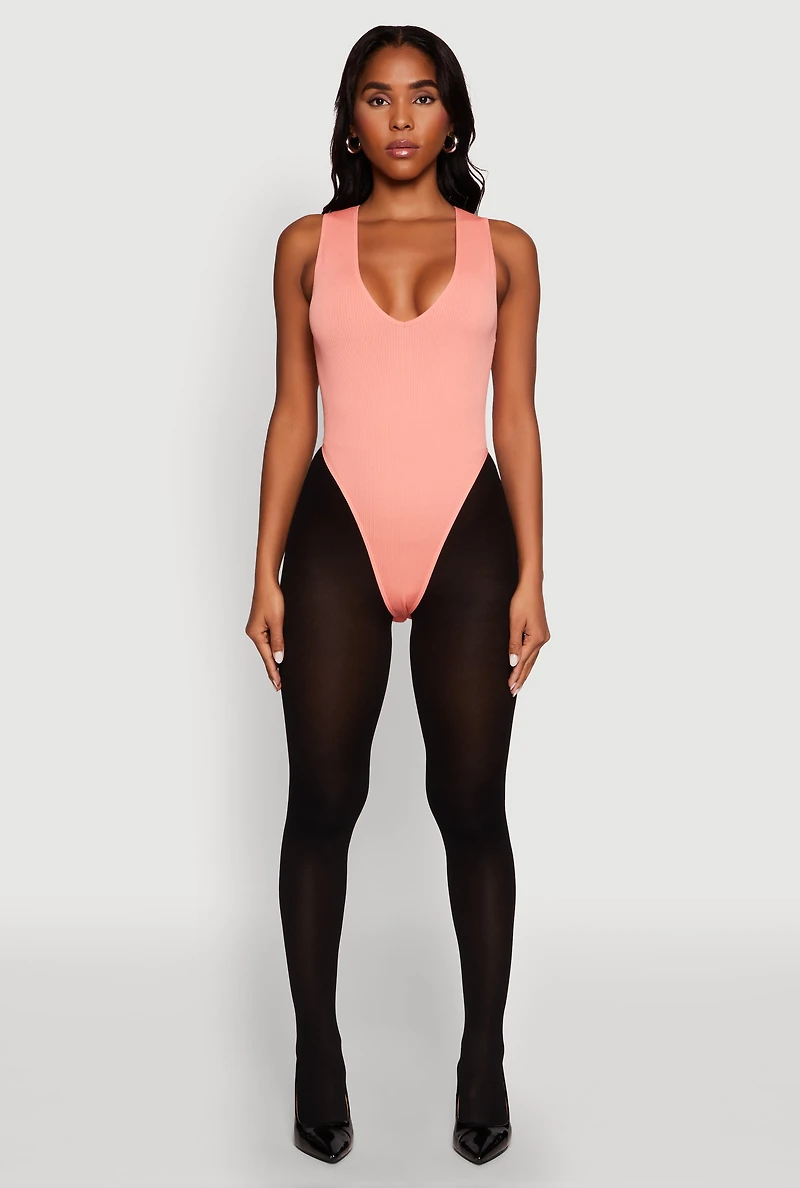 Womens Seamless V Neck Thong Bodysuit, Pink,