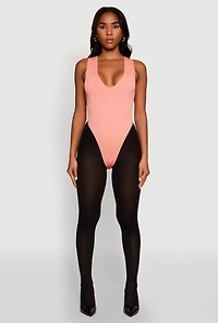 Womens Seamless V Neck Thong Bodysuit, Pink,