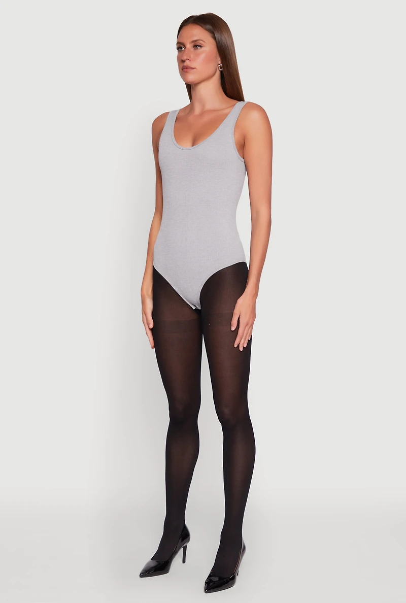 Womens Ribbed Knit Seamless Scoop Neck Sleeveless Bodysuit, Grey, Size M-L