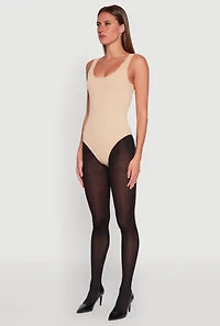 Womens Ribbed Knit Seamless Scoop Neck Sleeveless Bodysuit, Beige, Size S-M