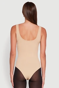Womens Ribbed Knit Seamless Scoop Neck Sleeveless Bodysuit, Beige, Size S-M