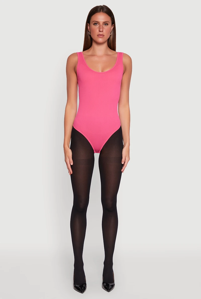 Womens Ribbed Knit Seamless Scoop Neck Sleeveless Bodysuit, Pink, Size S-M