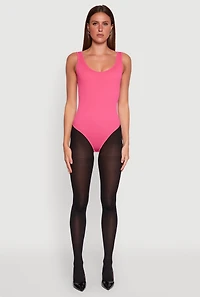 Womens Ribbed Knit Seamless Scoop Neck Sleeveless Bodysuit, Pink, Size S-M